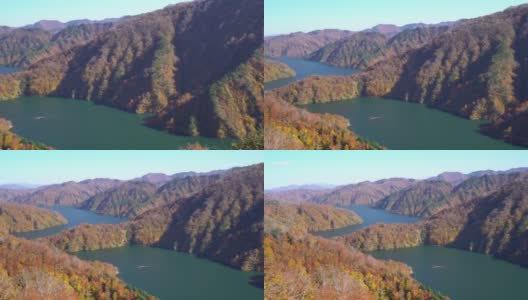 平拍:日本福岛，Tadami, Tagokura大坝上的湖和koyo红叶森林高清在线视频素材下载