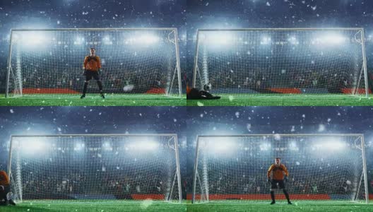 足球守门员在职业足球场中跳跃接球。体育场和人群是在3D和动画高清在线视频素材下载
