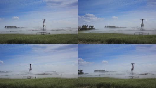 在夏季向麦田喷洒水的灌溉机高清在线视频素材下载