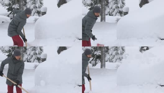 在车前铲雪的女人。高清在线视频素材下载