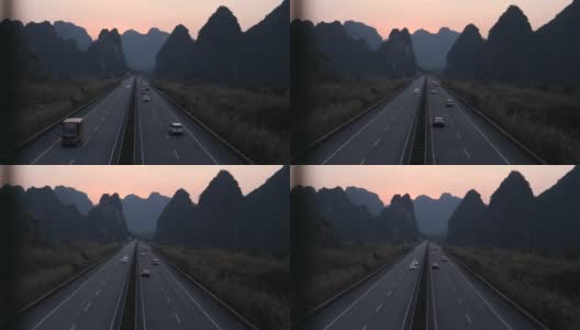 高速公路在夕阳中，中国桂林高清在线视频素材下载