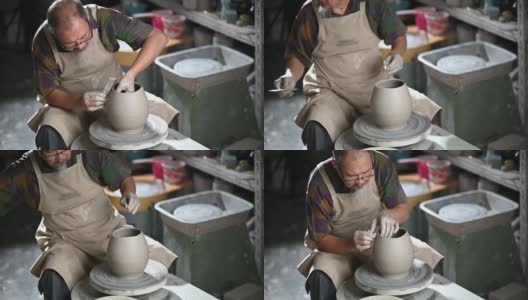 亚洲华人高级泥塑艺术家在他的工作室与纺织陶轮工作高清在线视频素材下载