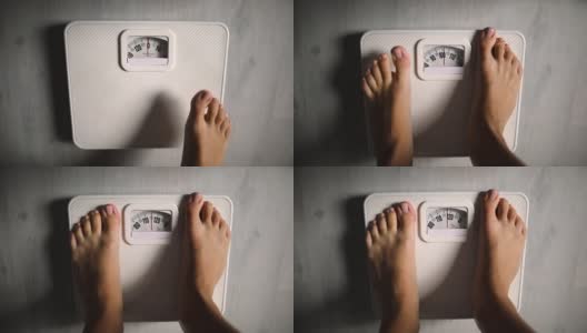 妇女站腿活动用光脚量体重秤进行饮食高清在线视频素材下载