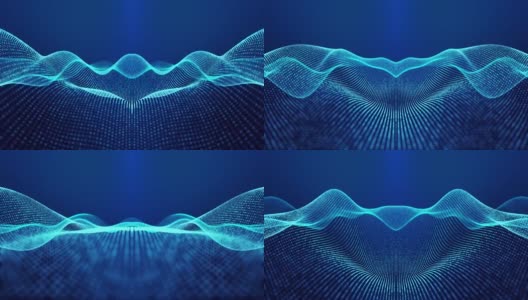 科幻抽象主题与粒子镜像波。4k环形抽象蓝色辉光粒子背景形成曲线，表面对称结构。带粒子全息图的数字bg。高清在线视频素材下载