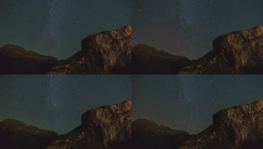 银河系和仙女座星系在夜空中移动，前景是岩石的形成，西班牙托拉高清在线视频素材下载