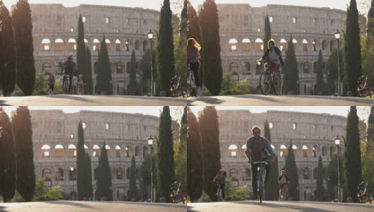 三个年轻的朋友游客骑自行车在colle oppio公园前的罗马斗牛场在路上与树木日落在罗马慢镜头高清在线视频素材下载