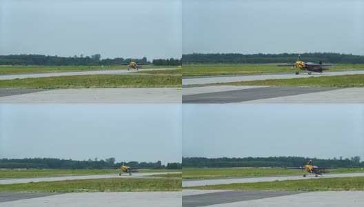 带螺旋桨的轻型飞机正在跑道上滑行，准备起飞高清在线视频素材下载