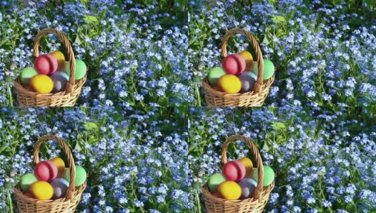 一封关于复活节的祝贺信和一个装满彩蛋的篮子高清在线视频素材下载