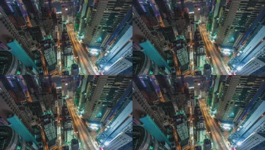 中国香港高屋顶楼顶的建筑物，夜光交通街道，4k时间流逝高清在线视频素材下载