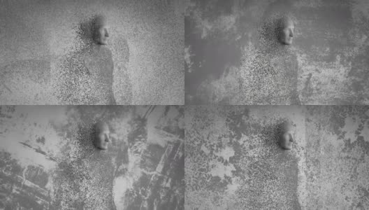 在三维灰色背景下用爆炸粒子形成的人体动画高清在线视频素材下载
