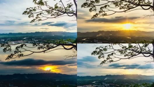 米梯田和村庄在美丽的日落与山的背景，泰国。时间流逝的视频高清在线视频素材下载