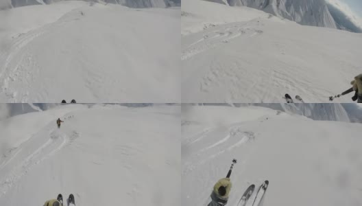 高山滑雪者下粉坡的POV高清在线视频素材下载