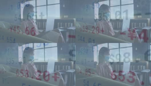动画金融数据处理的亚洲女商人与面具在办公室高清在线视频素材下载