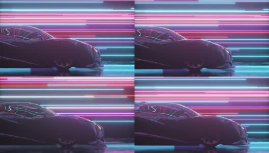 未来的概念。跑车在发光的霓虹灯线的背景。蓝色紫色。三维动画无缝循环高清在线视频素材下载