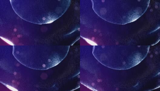 蓝紫色可循环的抽象粒子背景具有景深，闪烁的灯光和数字元素。波粒子形成线，线形成球面曲面。V2高清在线视频素材下载