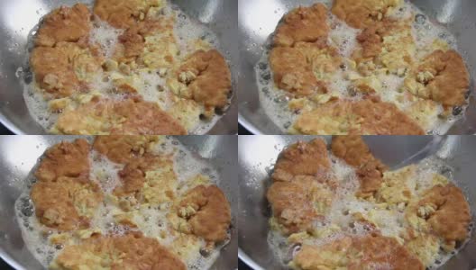 煎蛋卷混合碎猪肉在平底锅中煎高清在线视频素材下载