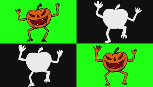 南瓜怪物2d涂鸦循环动画行走在绿色屏幕背景和alpha通道在结束部分。高清在线视频素材下载