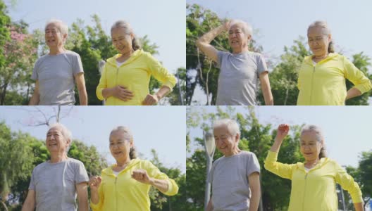 一对亚洲老夫妇在公园里锻炼高清在线视频素材下载