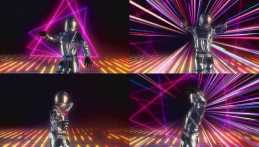 复古未来的80年代CG宇航员在迪斯科霓虹灯背景舞台上跳舞。现代移动镜头为您的活动，音乐会，舞台设计，编辑和VJ的led屏幕和投影映射显示高清在线视频素材下载