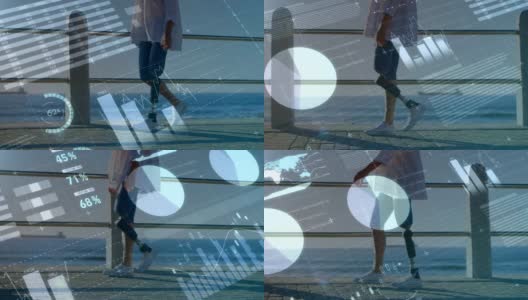数据动画与假体妇女走在海滩附近的背景高清在线视频素材下载