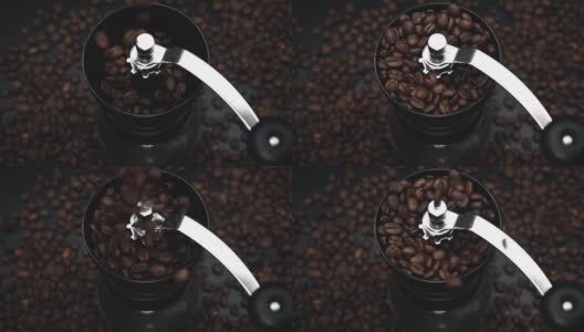 咖啡豆落入研磨机的电影慢镜头。高清在线视频素材下载