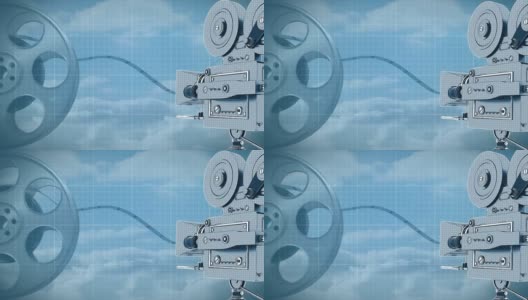 动画的相机滚动与网格和云在蓝天的背景高清在线视频素材下载