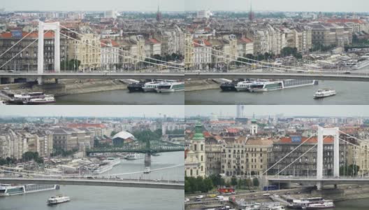 摇拍:从城堡山看白天的布达佩斯城市景观，伊丽莎白桥的一部分高清在线视频素材下载