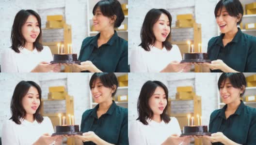 亚洲商界女性在办公室庆祝生日高清在线视频素材下载
