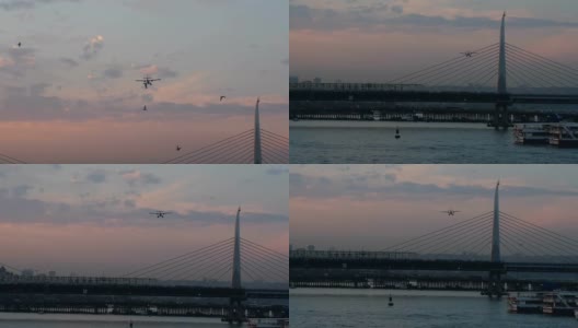 一架水上飞机在夕阳中降落在伊斯坦布尔的金角酒店高清在线视频素材下载