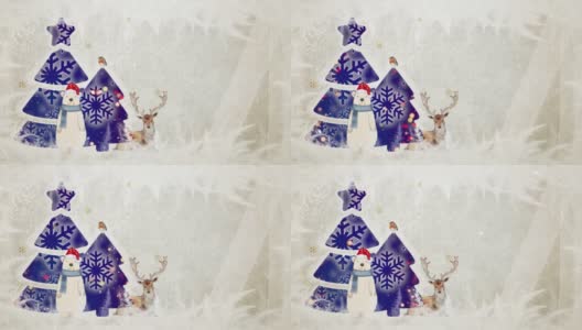 艺术描绘的动画圣诞鹿与野生动物。高清在线视频素材下载