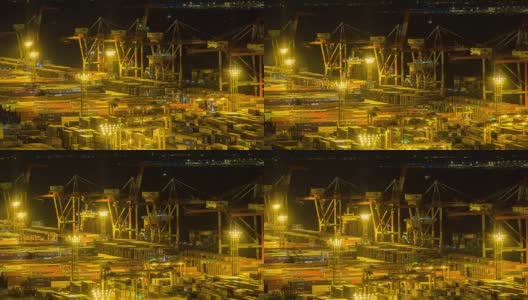 延时:日本东京台场港口装卸集装箱夜间鸟瞰图高清在线视频素材下载