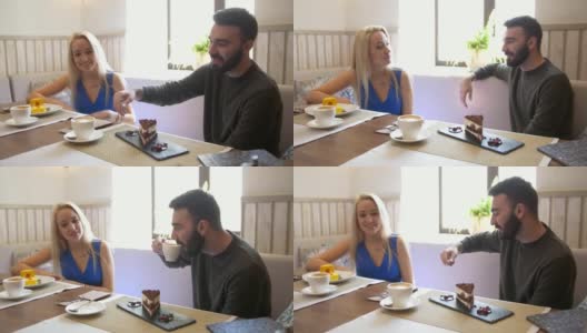 幸福的白种夫妇一起在咖啡馆享用咖啡高清在线视频素材下载