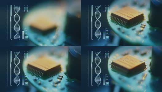 AI，人工智能概念-带有DNA标记的计算机芯片微处理器。高清在线视频素材下载