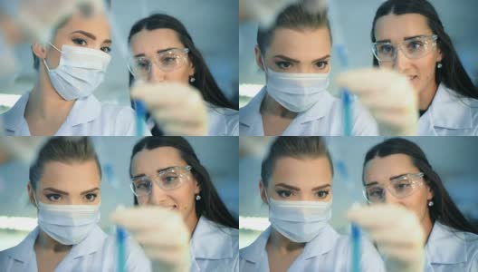两位迷人的女科学家在实验室研究试管高清在线视频素材下载