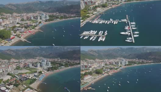 巴德瓦码头与游艇，船，城市海滩和山脉高清在线视频素材下载