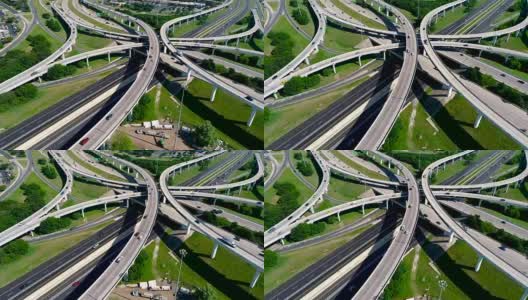 动态摄像机向下平移，无人机的视角通过向前靠近立交桥高速公路周转高清在线视频素材下载