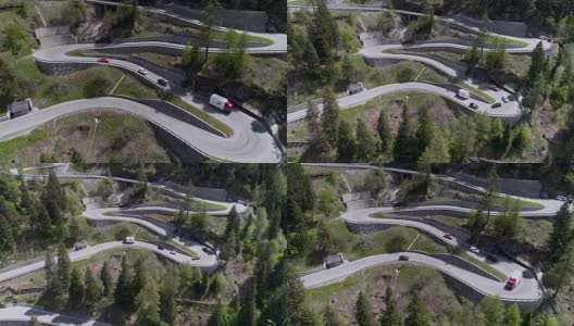 鸟瞰图山上蜿蜒的道路与卡车和汽车行驶在曲折起伏的欧洲瑞士4K高清在线视频素材下载