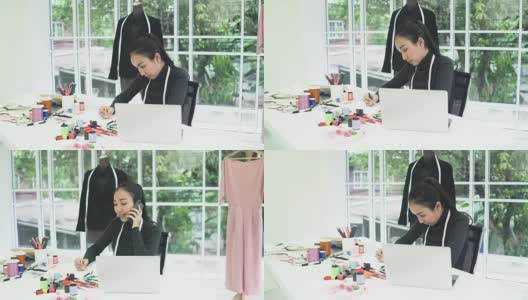 正面侧视图:女性时装设计师在家庭办公室设计和写作高清在线视频素材下载