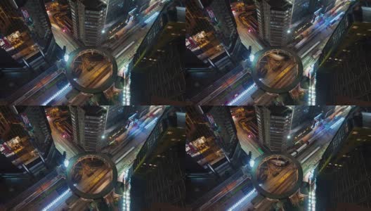 夜灯交通十字路口与圆路距离香港屋顶4k时间高清在线视频素材下载