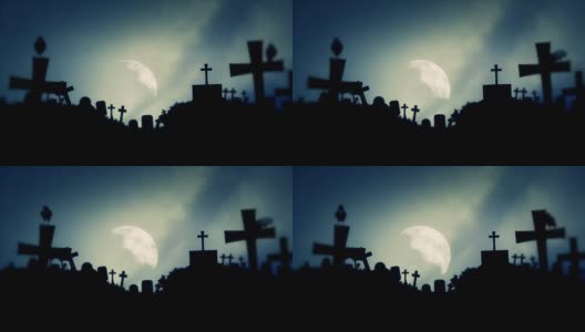 令人毛骨悚然的墓地与满月和乌鸦在万圣节的精神高清在线视频素材下载