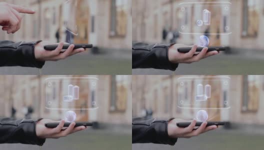 男性双手显示在智能手机HUD全息图可充电电池高清在线视频素材下载