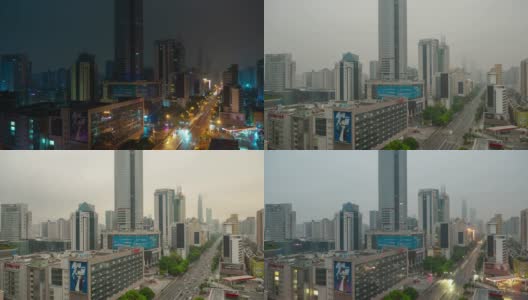 黑夜到白天，日出照亮深圳著名的交通十字路口屋顶全景4k时间的中国高清在线视频素材下载