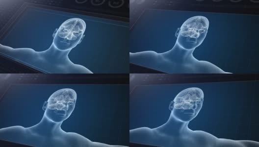 医用超高清抽象动画。实验室仪表板界面。以人脑为中心，研究计算机诊断显示。高清在线视频素材下载