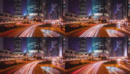 香港，香港- 2019年1月14日，香港，国际金融中心二期，4k延时霓虹汽车在高速公路上行驶。城市景观和霓虹灯景观。高清在线视频素材下载