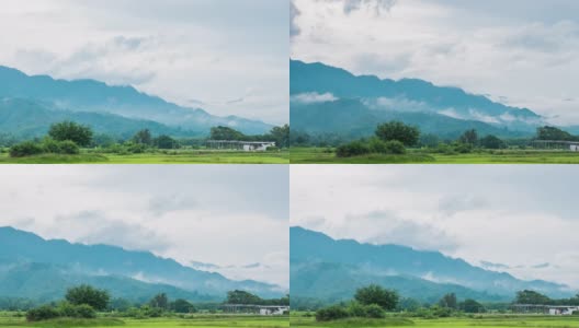 绿色稻田与美丽的山景观与雾，时间流逝视频高清在线视频素材下载