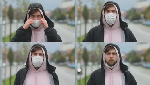 一名青少年在疫情期间戴着口罩的慢镜头高清在线视频素材下载