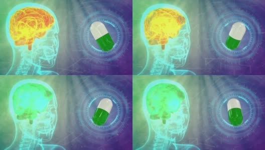 伦琴人体头部图像，突出大脑和医疗平板旋转，大脑治疗概念-现代医疗4K 60fps 3D动画高清在线视频素材下载