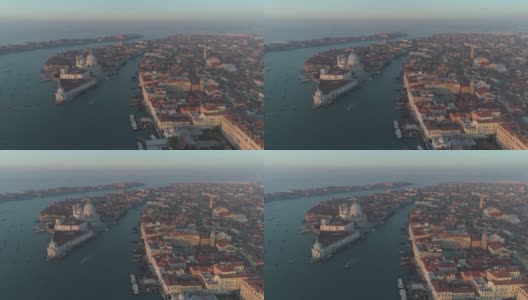 威尼斯航拍接近大运河入口的圣玛丽亚敬礼大教堂高清在线视频素材下载