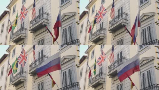 俄罗斯，英国，美国的国旗高清在线视频素材下载