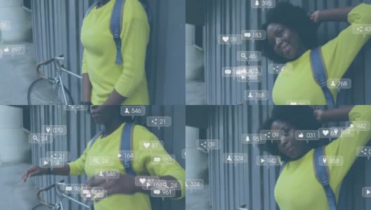 非裔美国妇女站在街上骑自行车的社交媒体通知动画高清在线视频素材下载